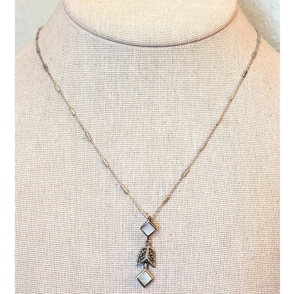 Vintage 925 Sterling Bar Chain Mother of Pearl Marcasite Dangle Necklace